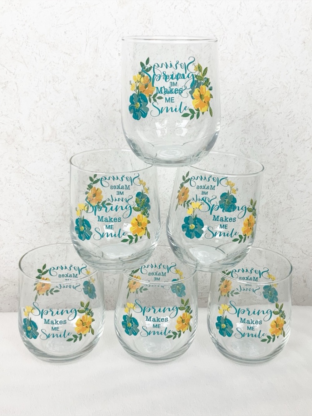 Crisa 6 Spring Makes Me Smile Floral Stemless Wine Glasses Cottagecore Whimsy